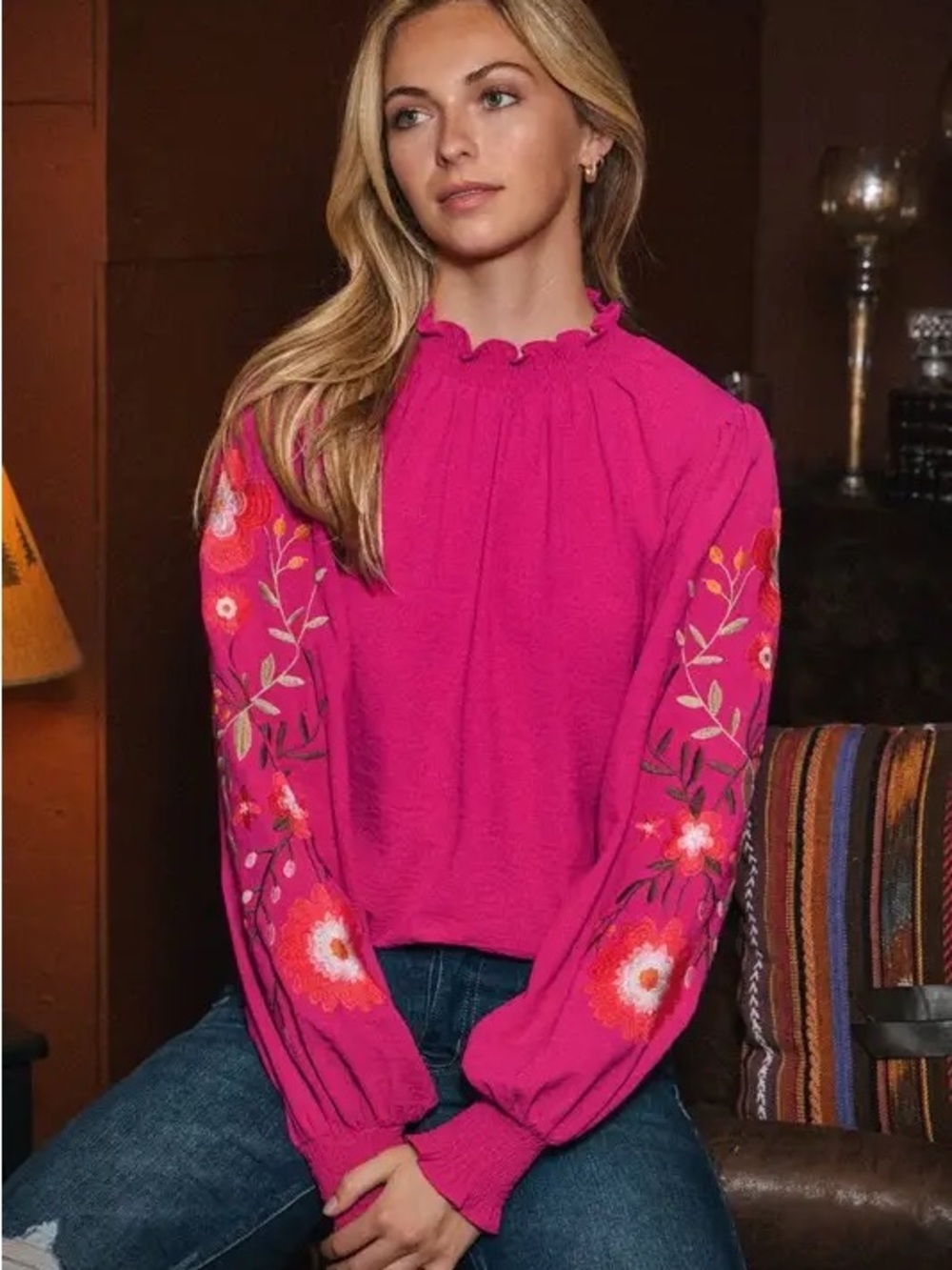 Pink Floral Embroidered Boho Blouse Top